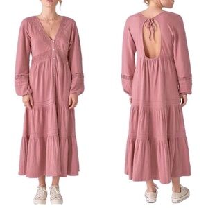 Lucky Brand Pink Maxi Dress with Embroidered Lace and Cut Out Back M MSRP$198